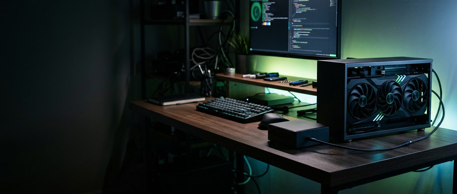 A mini PC beside an eGPU enclosure on a desk at night, lit by a green glow